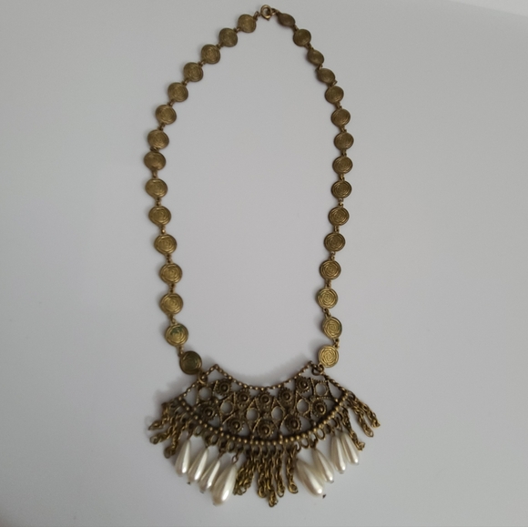 RARE VTG Castlecliff Necklace Egyptian Revival Coins Pearls Tassel Signed Bib